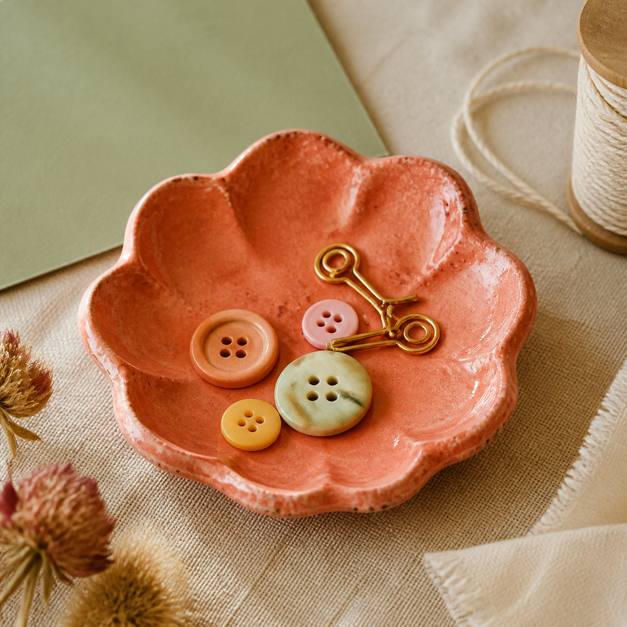 Fictional coral ceramic notion dish holding buttons and sewing clips