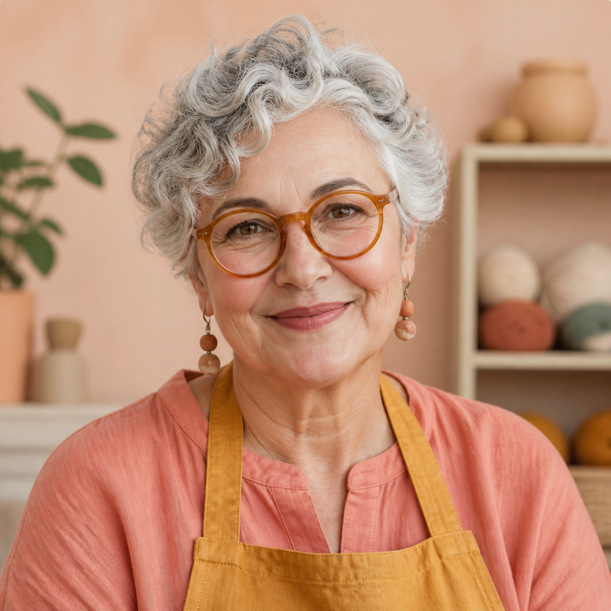 Fictional craft artist Goldie Hart wearing amber glasses and a mustard apron