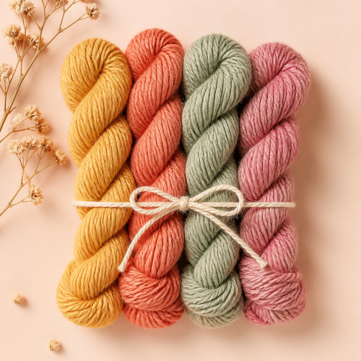 Fictional set of naturally dyed yarn skeins in warm craft colors