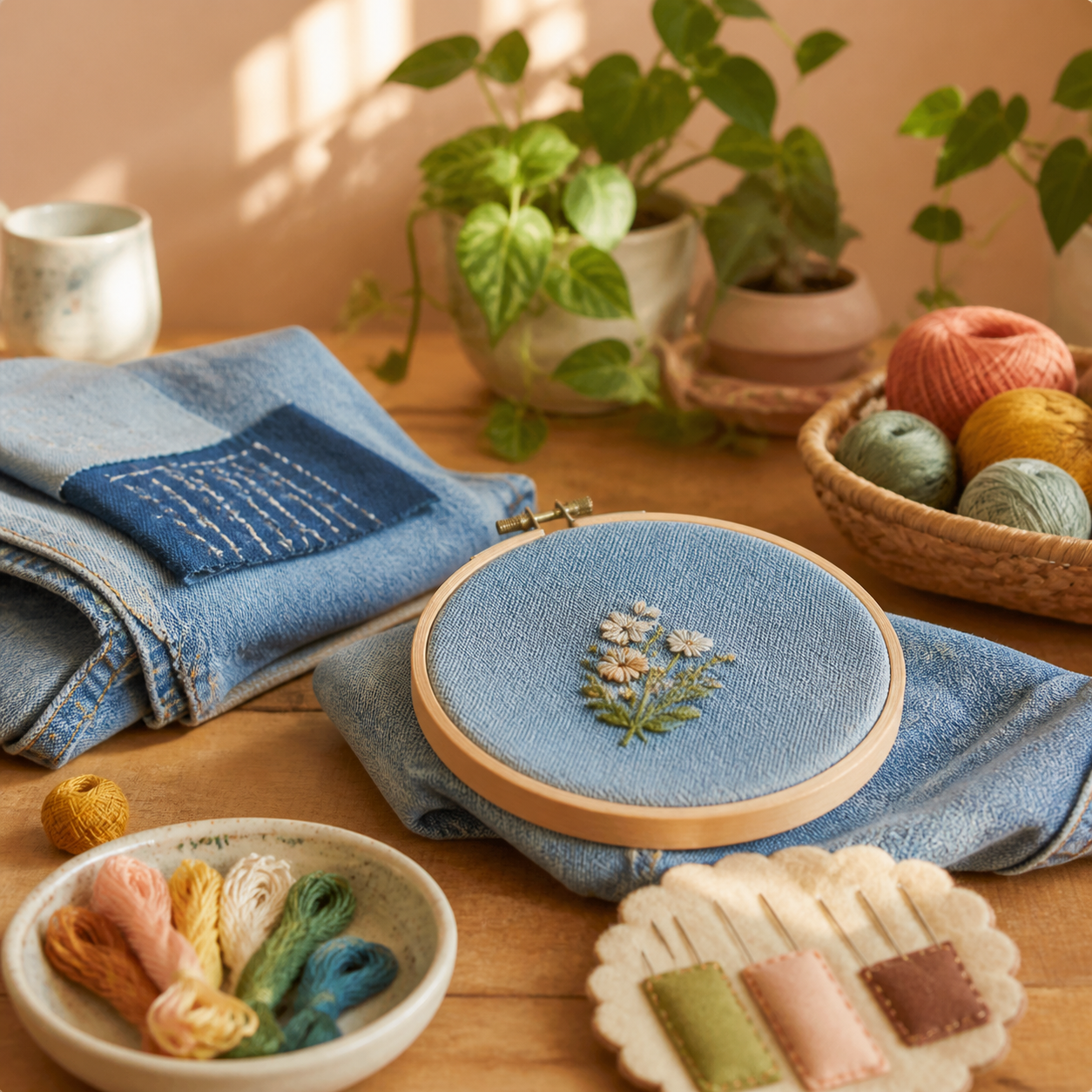 Fictional visible-mending workshop table with embroidery supplies